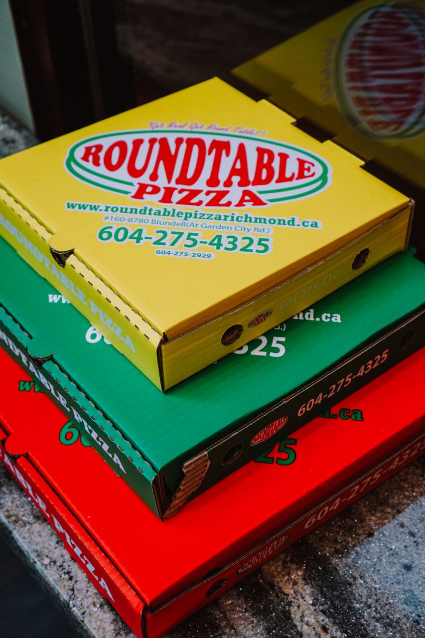 Round Table Pizza boxes in our Richmond pizza shop
